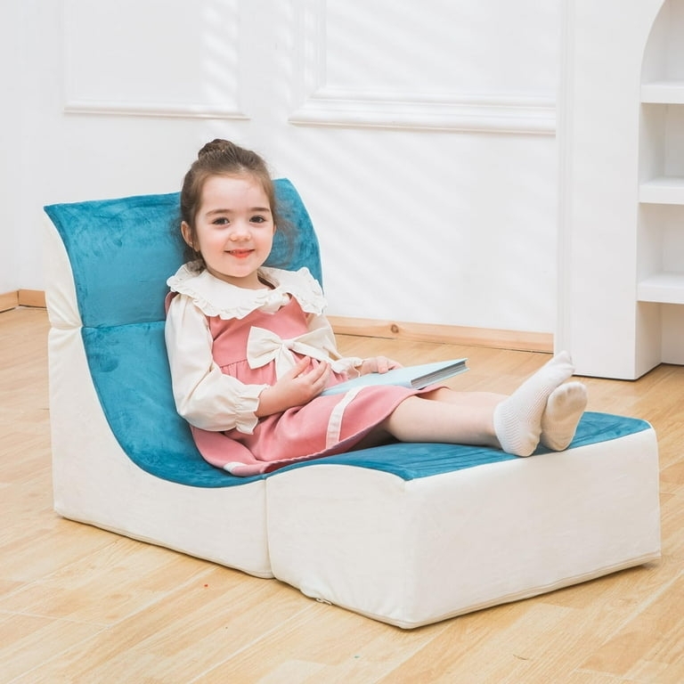 Modular Kids Chair Teal Blue and Cream Two-Piece Plush Fabric Design