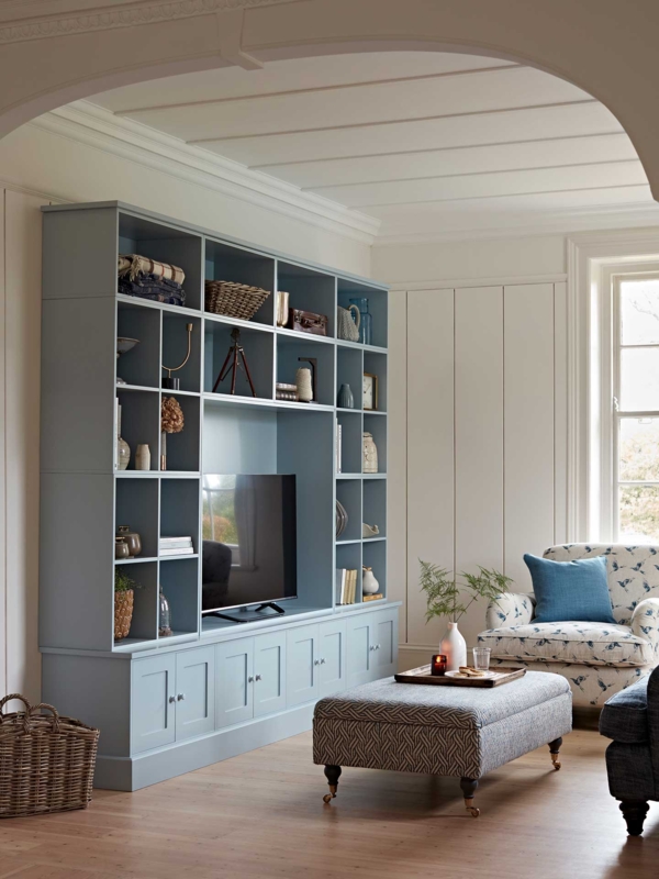 Modular Media Unit: Pale Blue Finish with Shaker Doors and Grid Storage
