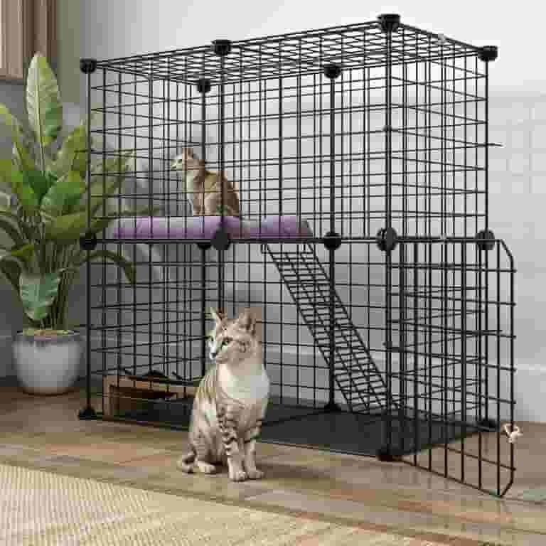 Modular Metal Cat Cage Two Tier Black Grid with Internal Ramp