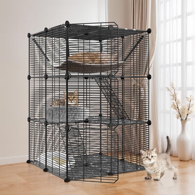 Modular Metal Cat Playpen Black Multi Level with Hanging Hammock