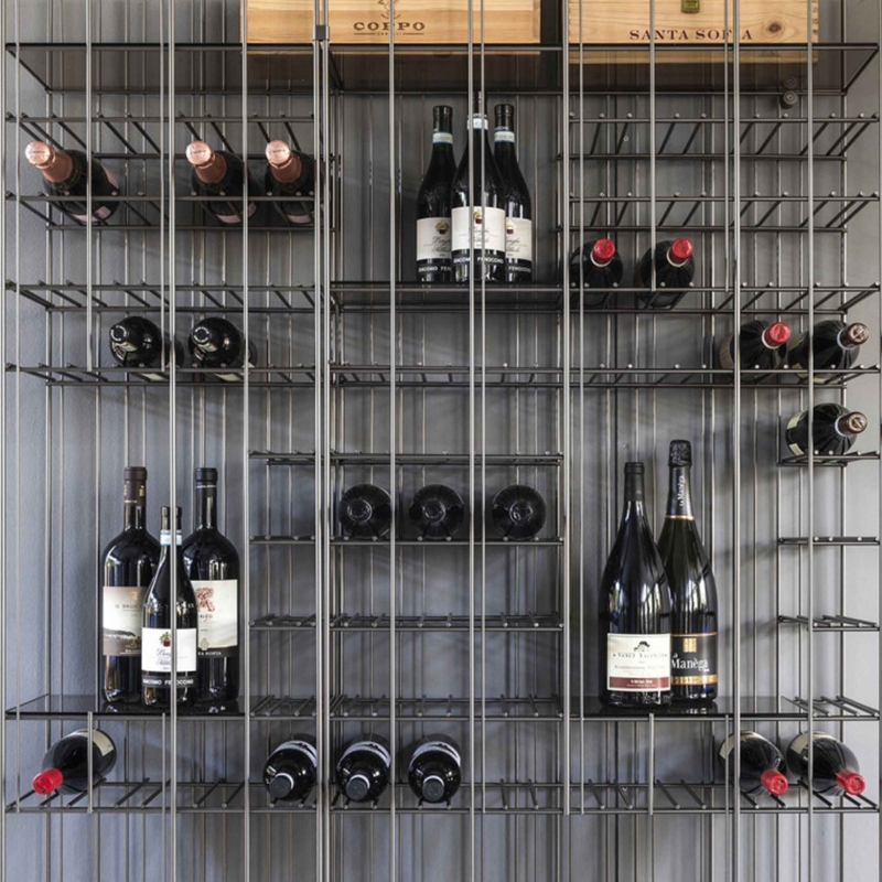 Modular Metal Wine Rack with Vertical Rod Grid and Glass Shelving