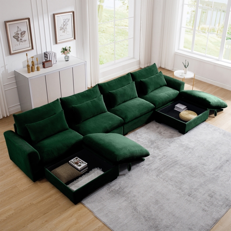 Modular Sectional Forest Green Corduroy Hidden Storage Lift Top Chaise