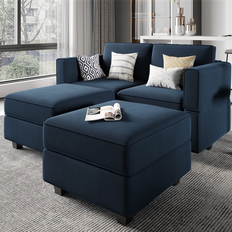 Modular Sectional in Navy Velvet-Like Fabric with Ottoman Storage