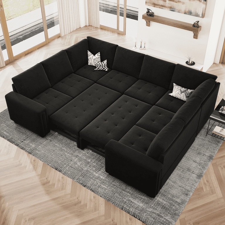 Modular Sectional: Matte Black Velvet U-Shaped with Tufted Seats.