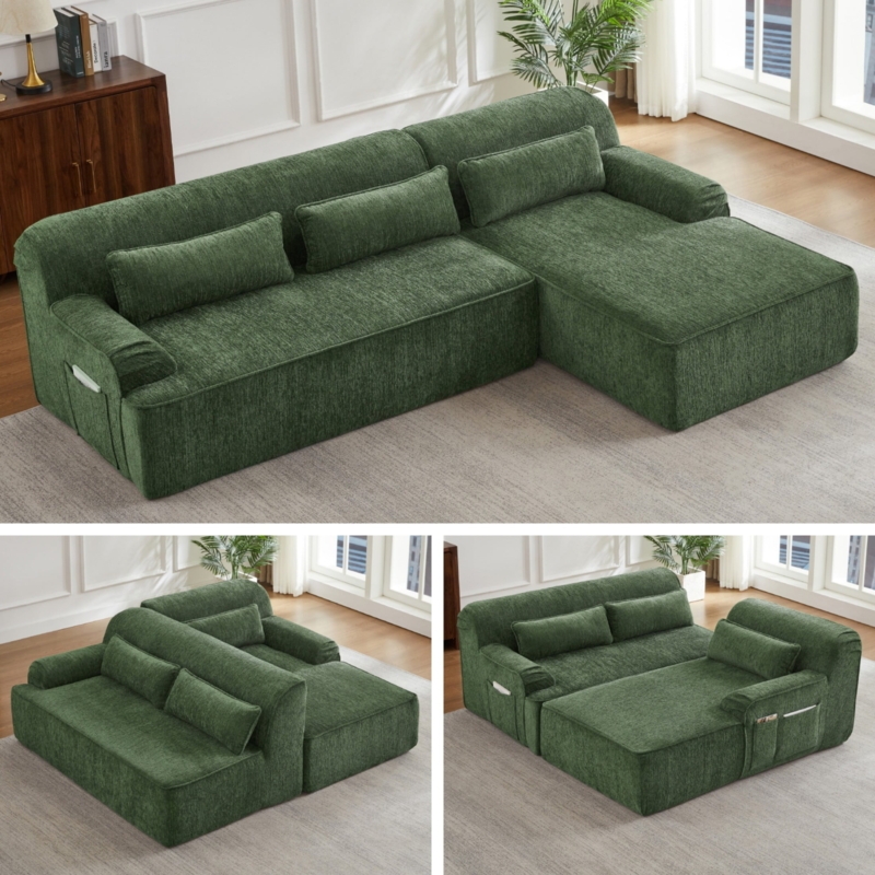Modular Sectional Sofa in Forest Green Textured Weave with Side Pockets