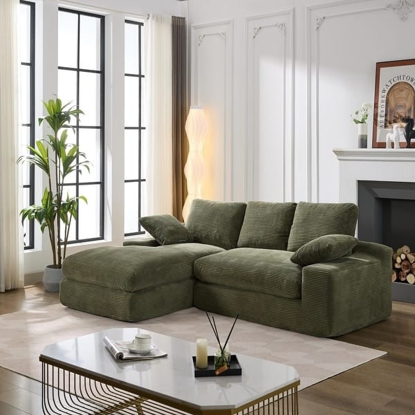 Modular Sectional Sofa in Moss Green Corduroy with Deep Seating