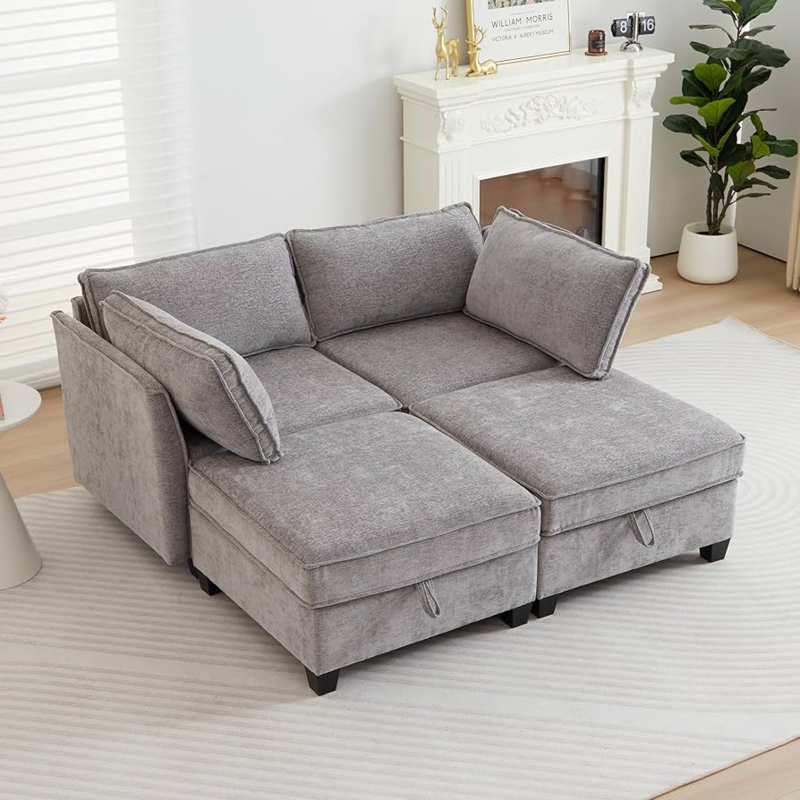 Modular Sectional with Storage Compartments, Heather Grey Fabric