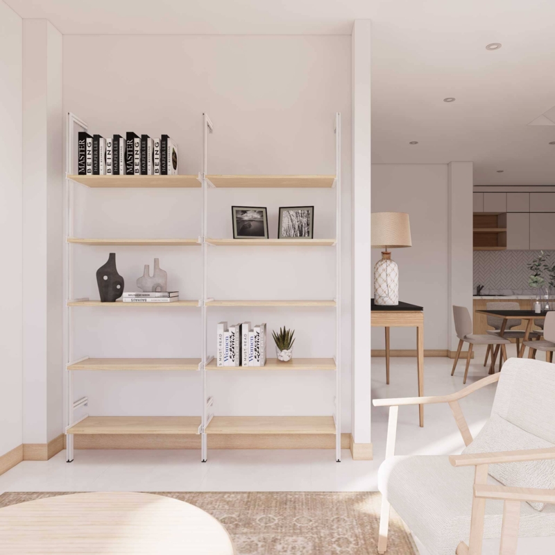 Modular Shelving: White Vertical Rails with Light Oak, Minimalist Design