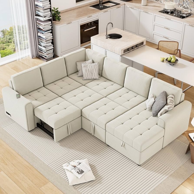 Modular Sleeper Sectional, Ribbed Beige Fabric & USB Charging