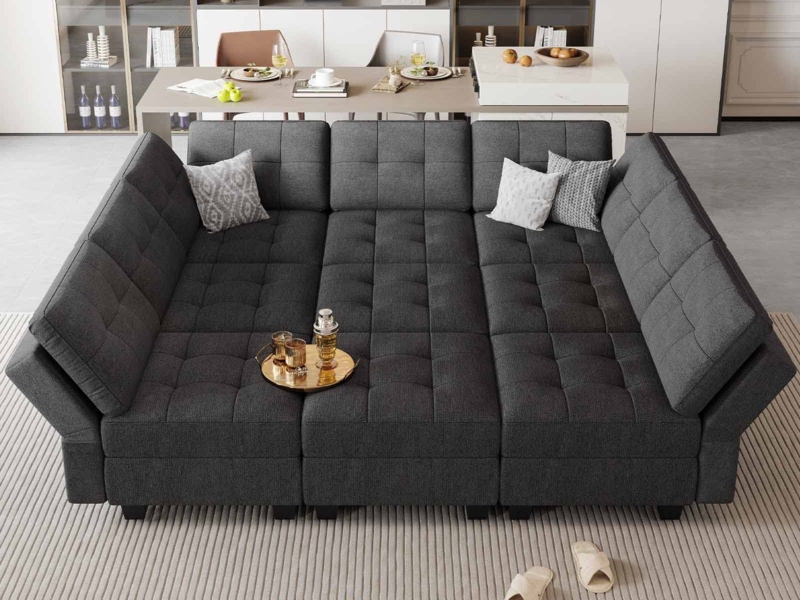 Modular Sleeper Sectional: Square Quilting, Adjustable Arms, Tufted.