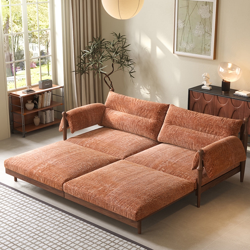 Modular Sleeper Sofa Bed, Ribbed Terracotta Upholstery, Wood Frame