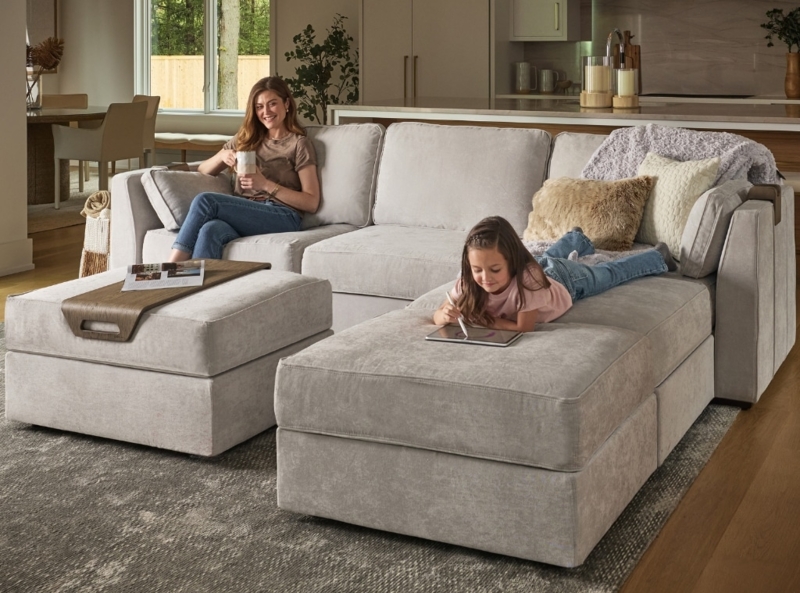 Modular Sofa featuring Integrated Tray and Movable Ottoman