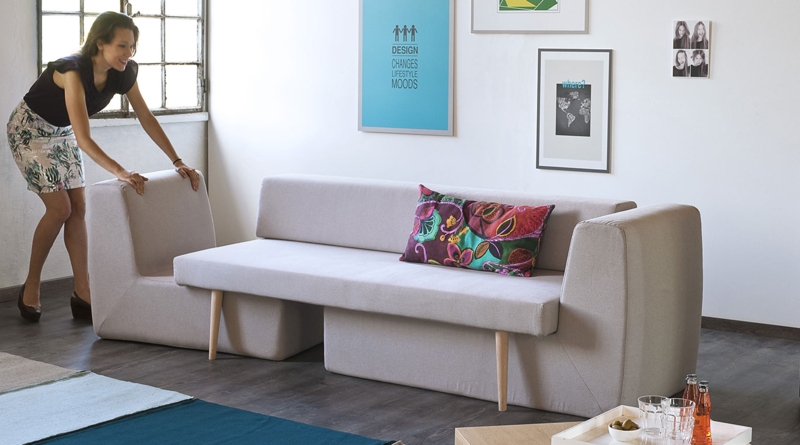 Modular Sofa featuring Nested Armless Bench component, Light Gray
