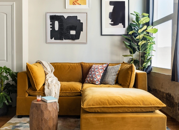 Modular Sofa in Mustard Upholstery with Movable Ottoman