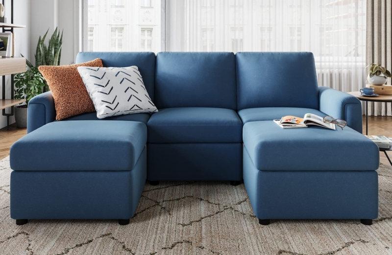 Modular Sofa with Dual Ottomans, U-Shaped Denim Blue Fabric