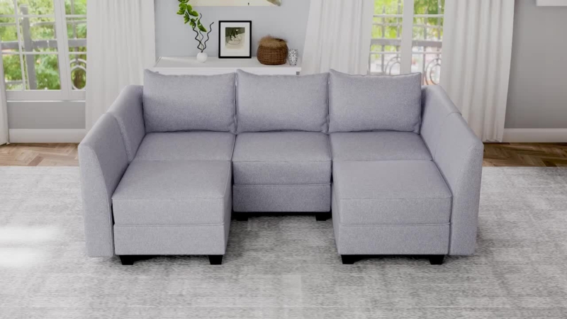 Modular U-Shaped Sectional in Light Gray Linen with Storage Base