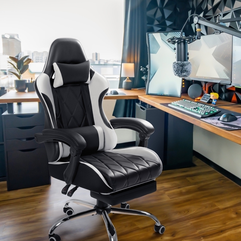 Monochrome Gaming Chair with Diamond Quilted Upholstery and Footrest
