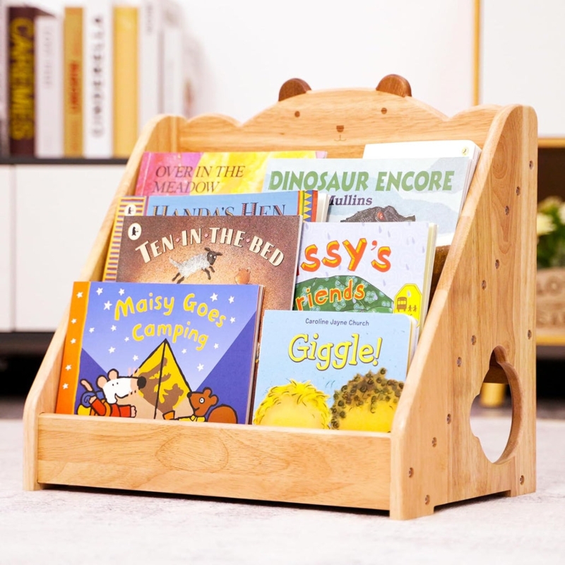 Montessori Bookshelf Bear Ear Detail, Honey Oak, Forward Facing Display