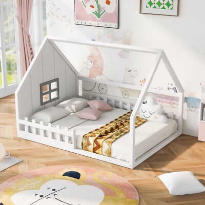 Montessori Floor House Bed with Window Cutout Headboard and Fence