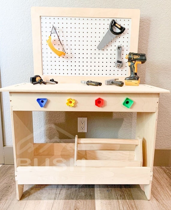 Montessori Kids Tool Bench with Pegboard Backing, Shape Sorting Accents