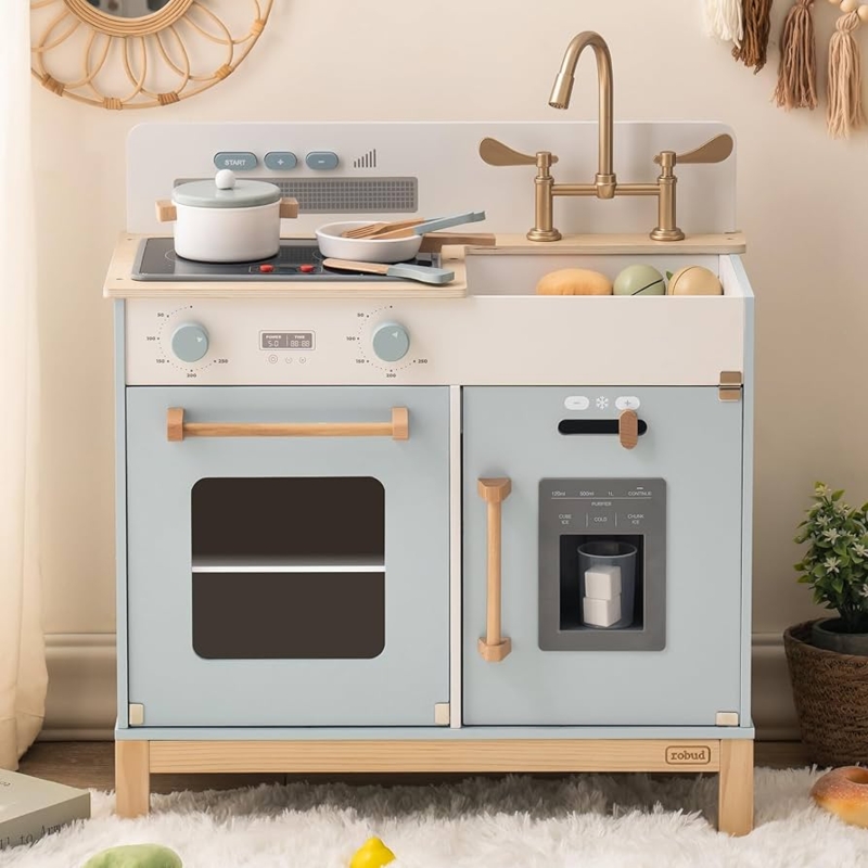 Montessori Play Kitchen Dusty Blue Gold Hardware Ice Dispenser Toy