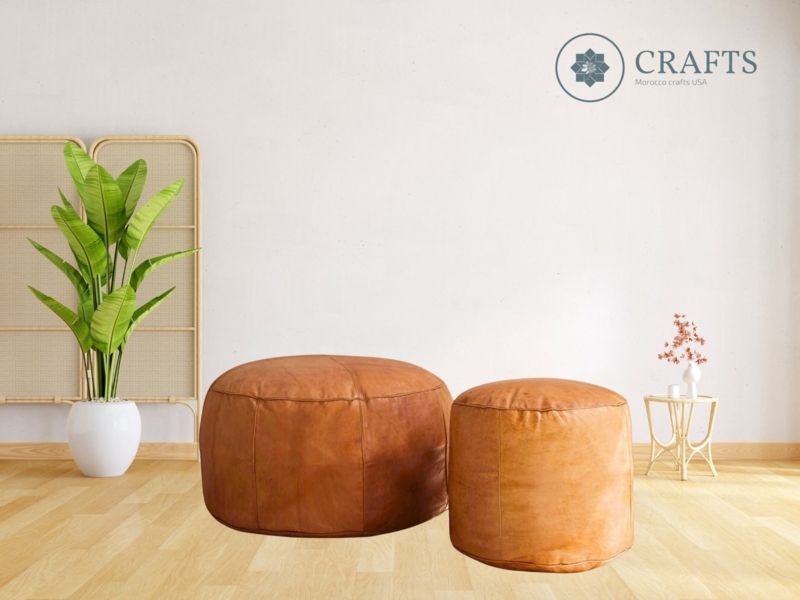 Moroccan Pouf Ottoman in Saddle Brown Leather with Unstuffed Look