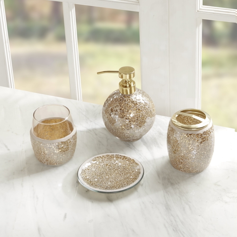 Mosaic Bath Accessory Set Crackle Texture Gold Silver Glam Decor