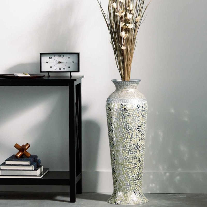 Mosaic Floor Vase 30 Inch Iridescent Silver and Sage Green Shimmering