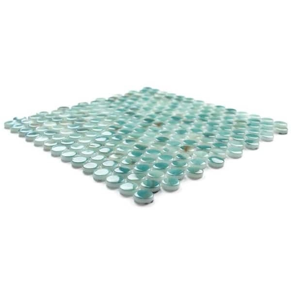 Mosaic Tile: Glossy Teal Seafoam Recycled Glass Penny Round Pattern