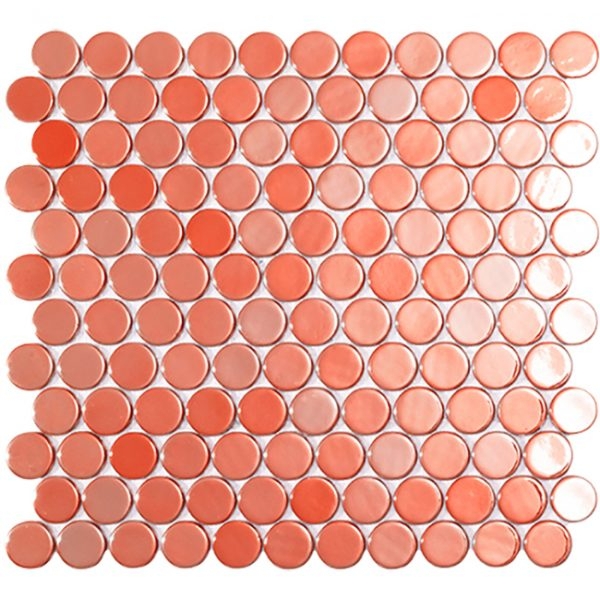 Mosaic Tile: Glossy Variegated Coral Pink Glass Penny Round Sheet
