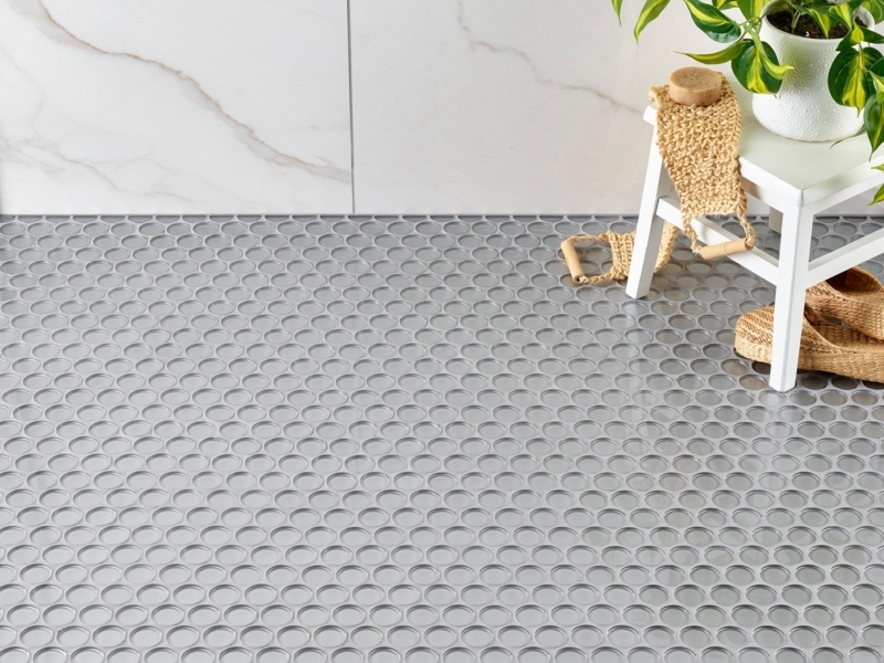 Mosaic Tile: Large Format Fog Gray Glass Penny Round Floor Grid