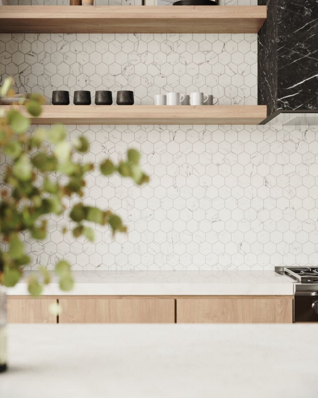Mosaic Tile Matte Porcelain White Carrara Hexagon, Floating Shelves