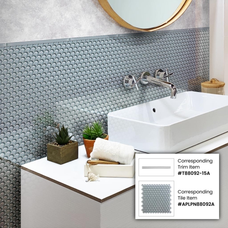 Mosaic Tile: Polished Cool Gray Glass Penny Round Backsplash Accent