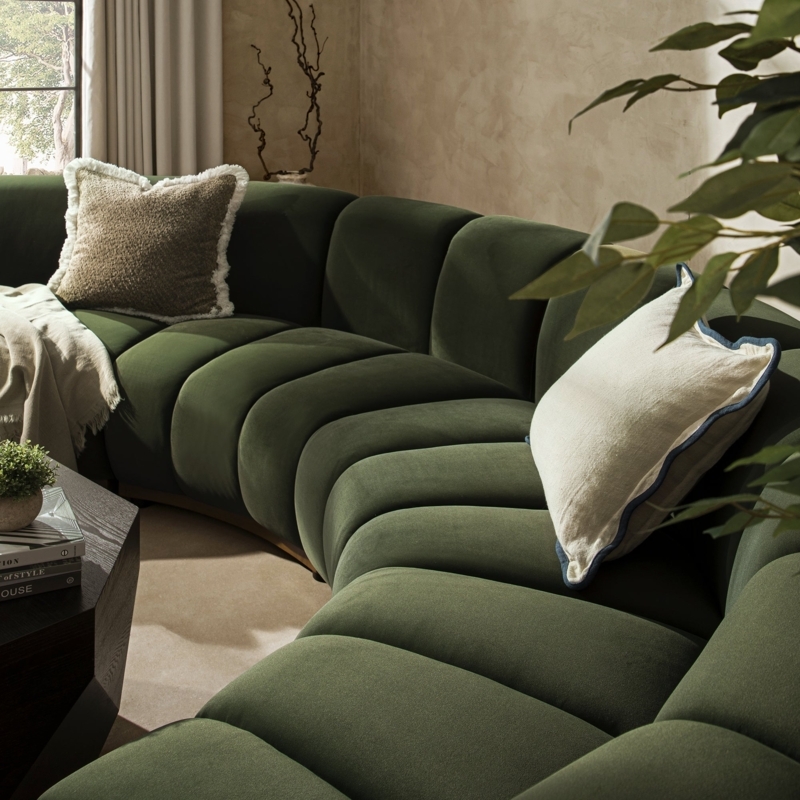 Moss Green Velvet Curved Sectional Sofa with Plush Feel