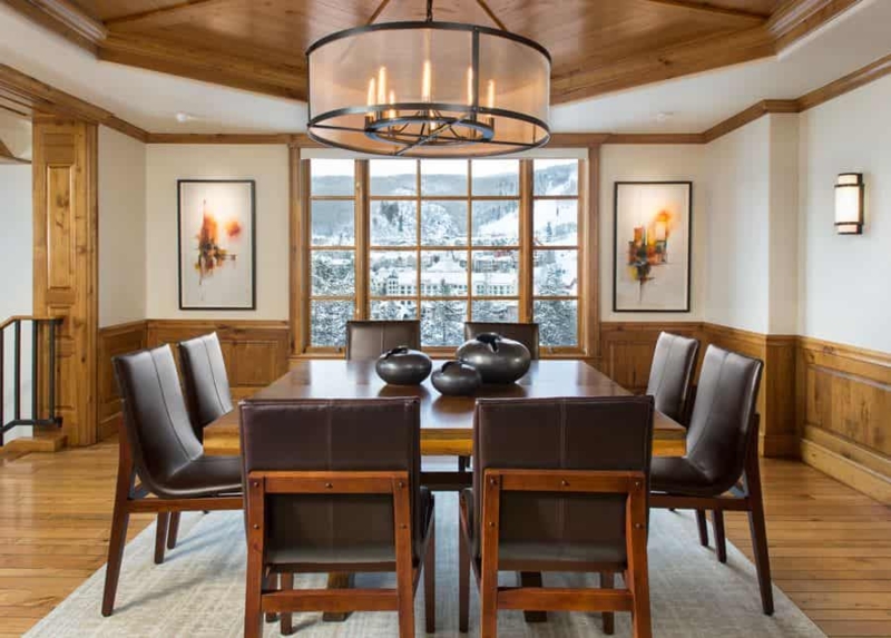 Mountain Lodge Craftsman Dining Set Square Table Wood Paneled Ceiling