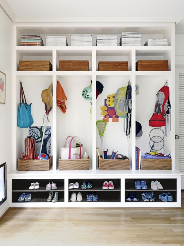 Mudroom Lockers with Built-in Bench and Woven Rattan Baskets