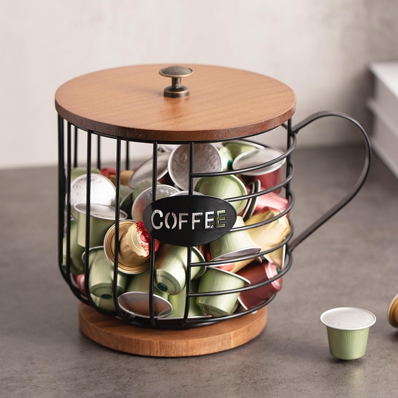 Mug Shaped Wire Coffee Pod Holder Basket with Wooden Lid
