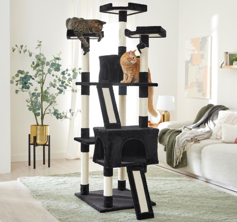 Multi Level Black Cat Tree Enclosed Cubbies Scratching Ramps Cream Sisal