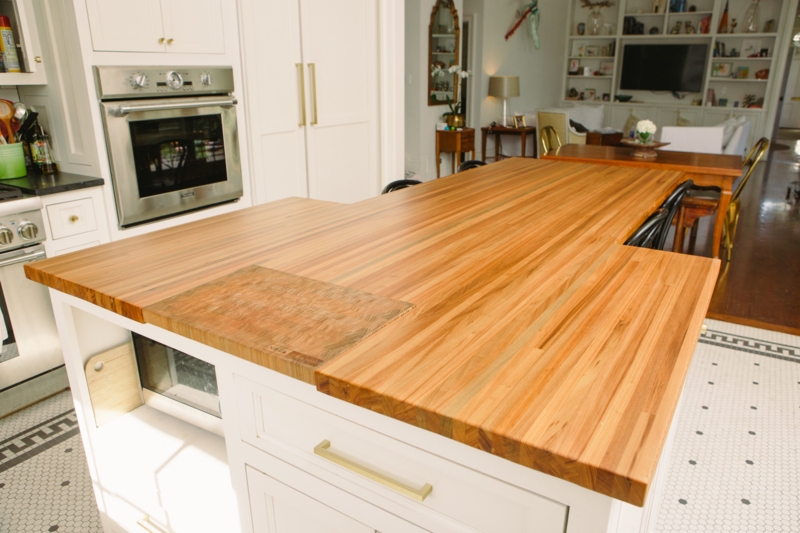 Multi-Level Kitchen Island with Stepped Wood Countertop & Brass