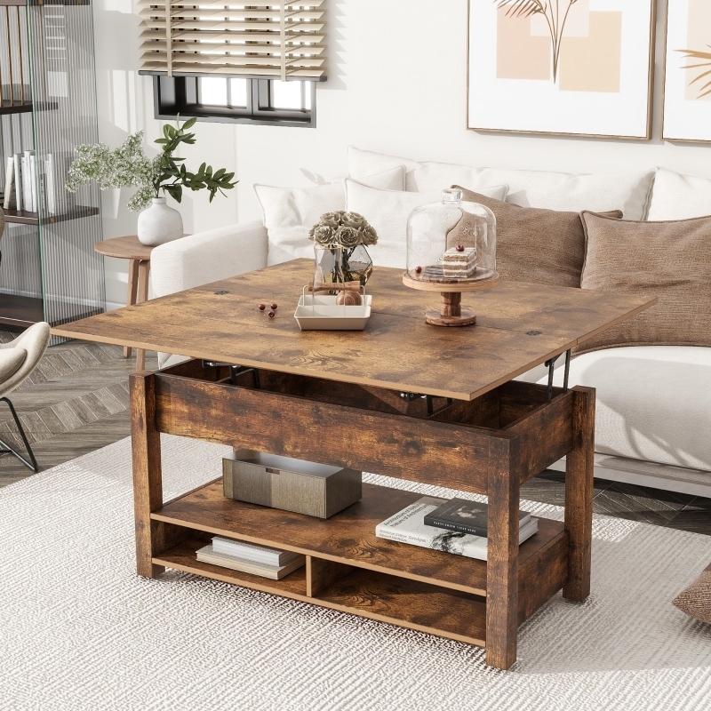 Multi-Level Storage Lift Top Coffee Table in Rustic Brown