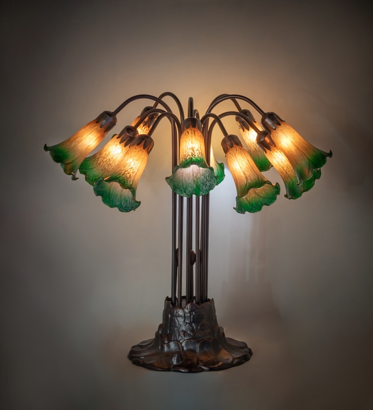 Multi-Light Table Lamp: Ten Mottled Glass Lily Shades, Sculpted Leaf Base