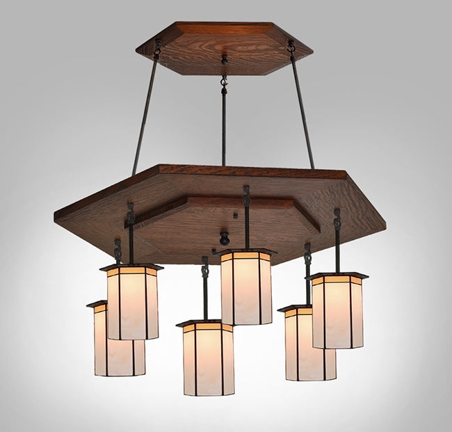 Multi Pendant Chandelier Hexagonal Tiered Plates Wood Lantern Shades