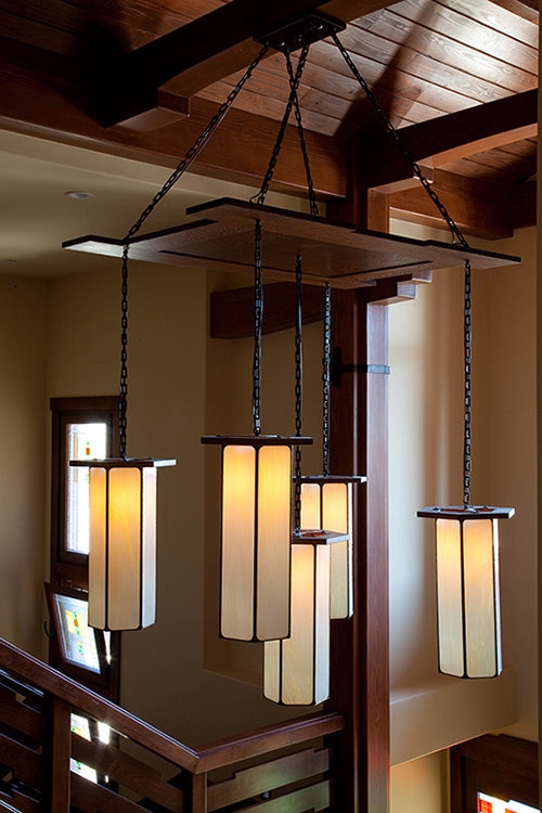 Multi Pendant Chandelier Warm Mica Glow Craftsman Geometry Tiered Shades