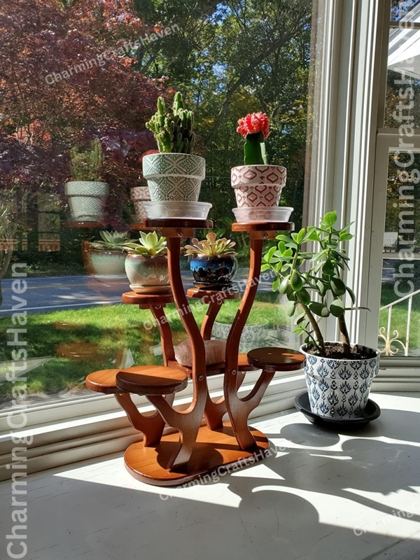 Multi-Tier Plant Stand Curved Legs Compact Base Vertical Wood Toned