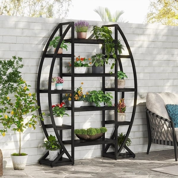 Multi-Tier Plant Stand Half-Moon Shape Five Tier Matte Black Metal