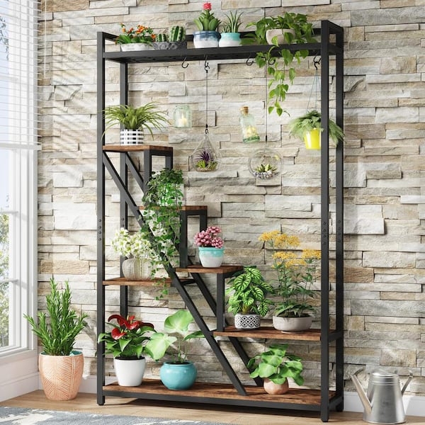 Multi-Tier Plant Stand S-Hooks Hanging Bar Staggered Shelves Tall Metal