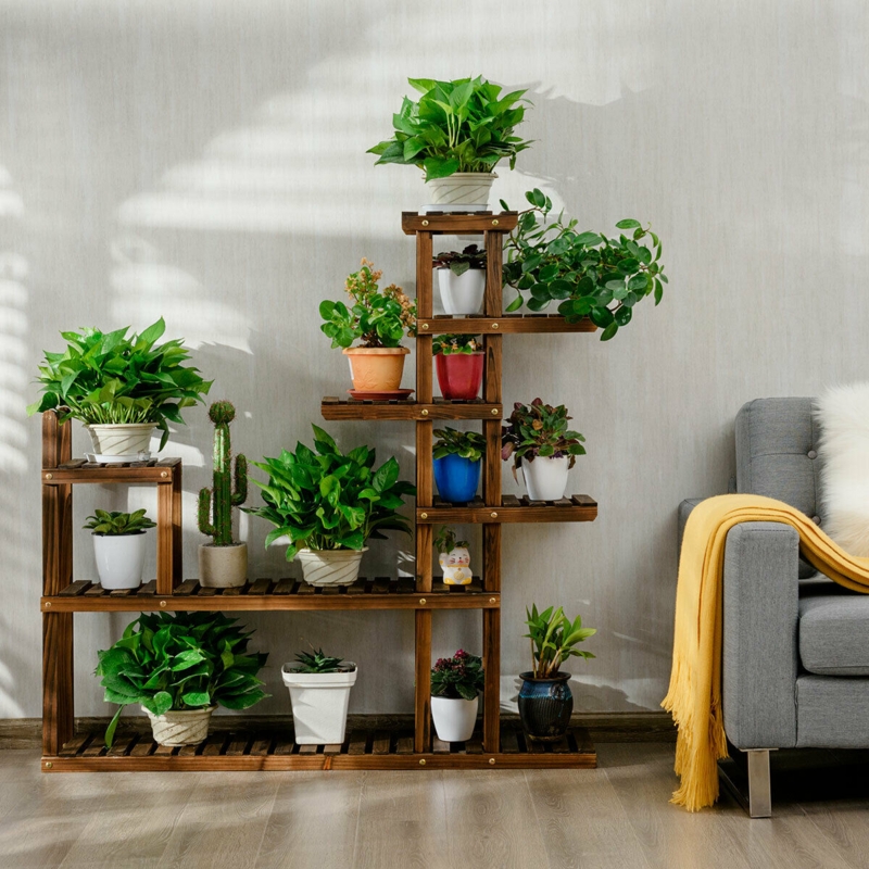 Multi-Tier Wooden Plant Stand Asymmetric Stair Design Slatted Shelves