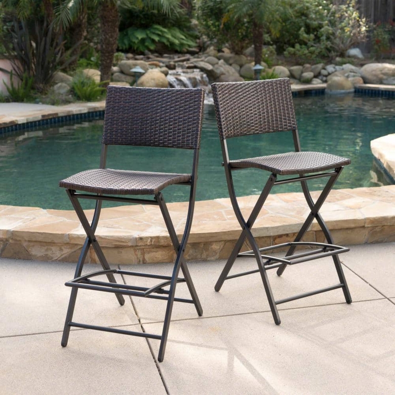 Multi-Tonal Brown Woven Folding Outdoor Bar Stool Metal Frame
