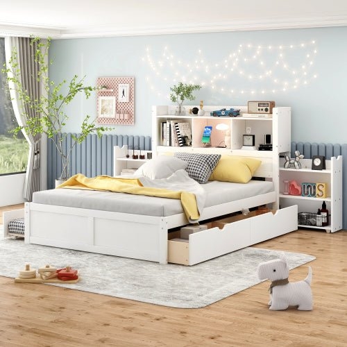 Multifunctional Bookshelf Bed White with Pull Out Shelves