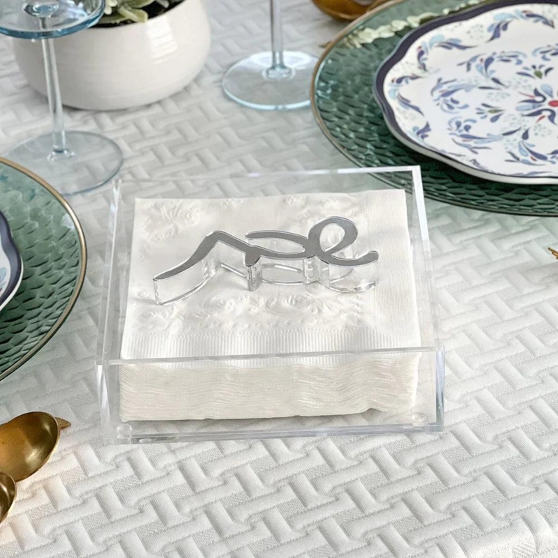 Napkin Holder: Clear Acrylic Box with Silver Shalom Script Weight for Shabbat